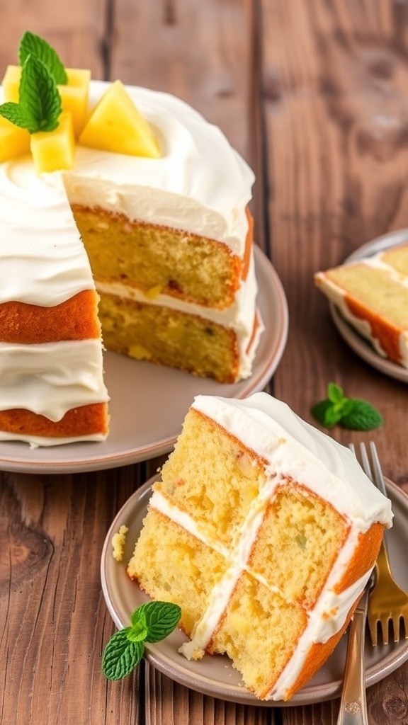 A moist pineapple cake with cream cheese frosting and fresh pineapple slices on top, served on a rustic table.